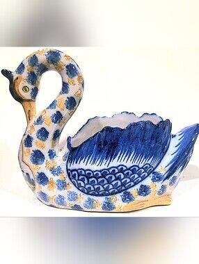 Antique French Quimper Faience Swan Jardiniere Cachepot